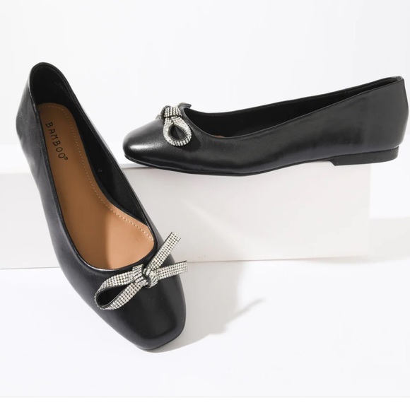 Unique Vintage Bamboo Black & Silver Rhinestone Bow Ballerina Flats - Picture 1 of 5